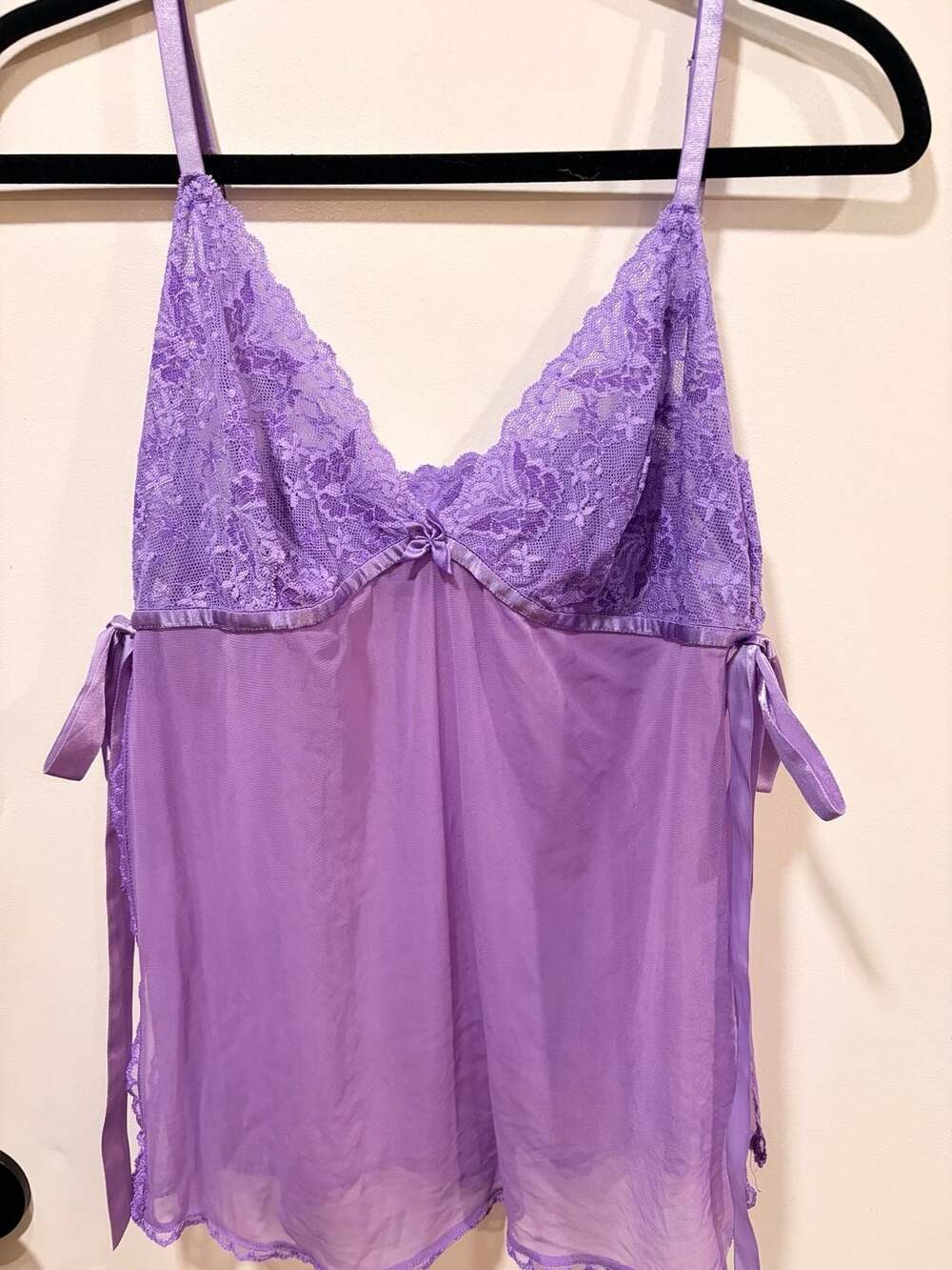 Fredericks of Hollywood Lingerie Babydoll Tank Purple Sheer Ribbon Trim - Picture 2 of 13